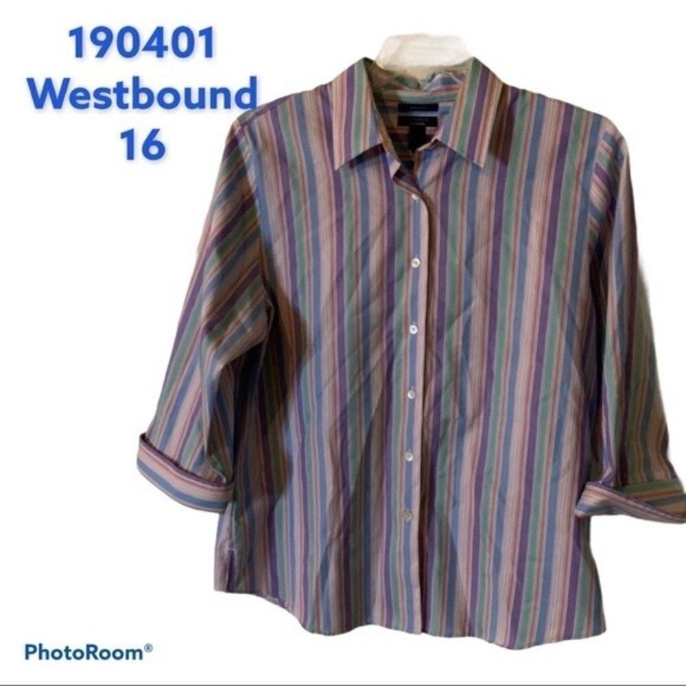 Westbound Essentials Womens Size 16 Striped Button Down Shirt Wrinkle Free 3/4 - Picture 3 of 3